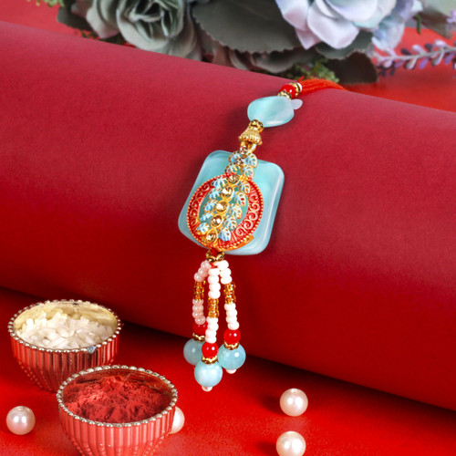 Premium Blue Stone Designer Lumba Bhabhi Rakhi - For UK 