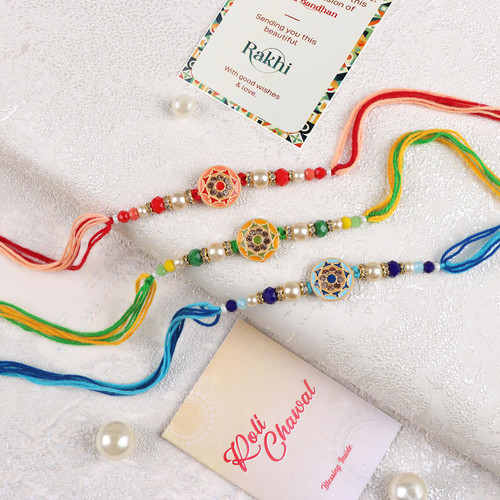 Designer Coloured Set of 3 Rakhis - For USA