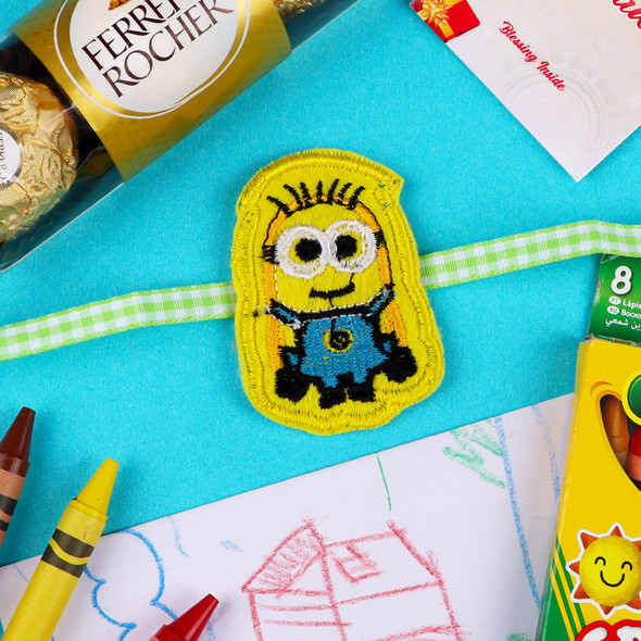 Minion Kid's Rakhi with Crayola Set & Ferrero - For USA