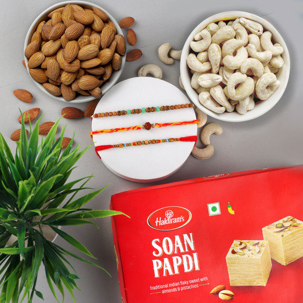 Traditional 3 Rakhi Set with Sweet & Dry Fruits - For Europe