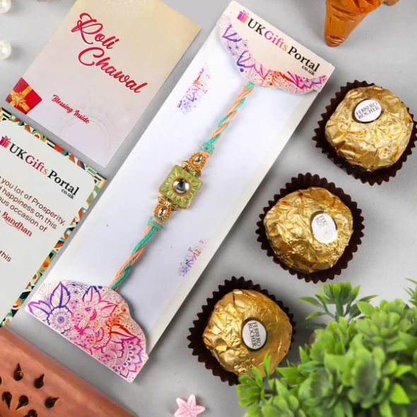 Square Rakhi with 3 Pcs Ferrero Rocher  - For UK