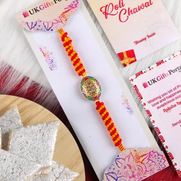 Oval Pendant Designer Rakhi with Kaju Katli - For UK