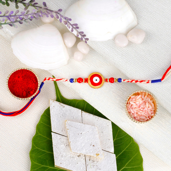 Red Evil Eye Rakhi with Kaju Katli - For UK