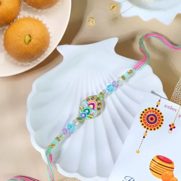 Crystal Beads Rakhi with Besan Ladoo Sweet - For UK