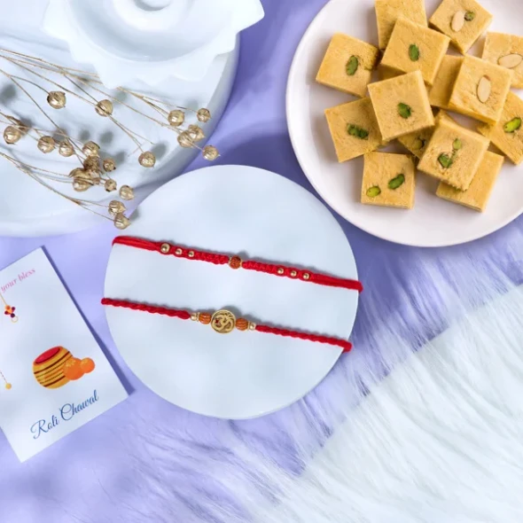 Aum & Rudraksh Rakhis with Soan Papdi - For UK