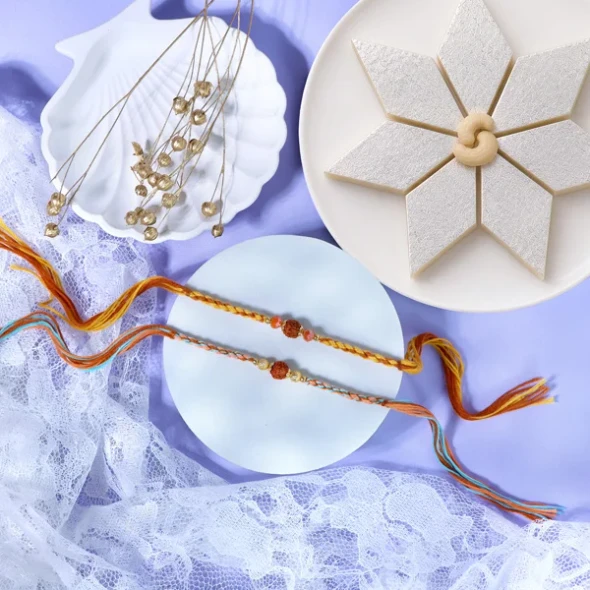 Blessed Rudrkasha Rakhis with Kaju Katli - For UK