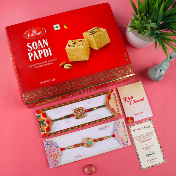 Set of 2 Dazzling Rakhis with Soan Papdi - For UK