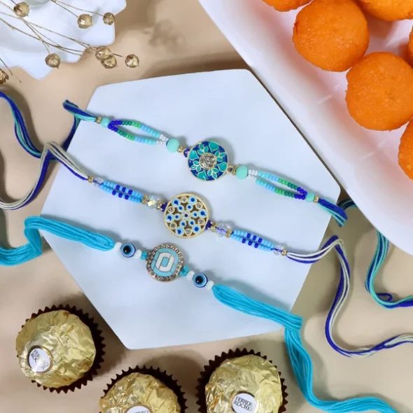 Premium 3 Rakhi Set with Ferrero & Motichoor - For UK