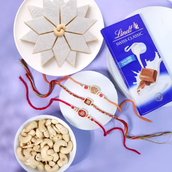 Kundan Rakhi Set with Kaju Katli & Cashews - For UK