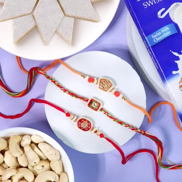Kundan Rakhi Set with Kaju Katli & Cashews - For UK