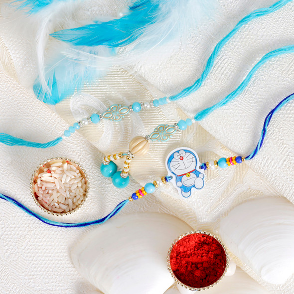 Blue Fancy Bhai Bhabhi with Doraemon Kid's Rakhi Set - For UK