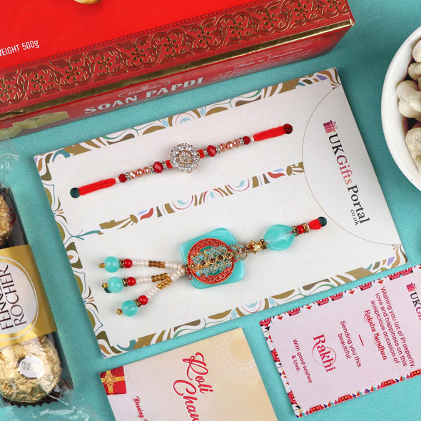 Bhaiya Bhabhi Rakhi Pair with Sweet & Chocolate, Cashew - For UK