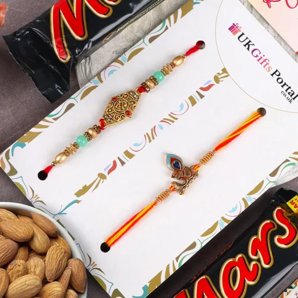 Shiv & Aum Rakhi Set with Almonds & Snickers - For UK