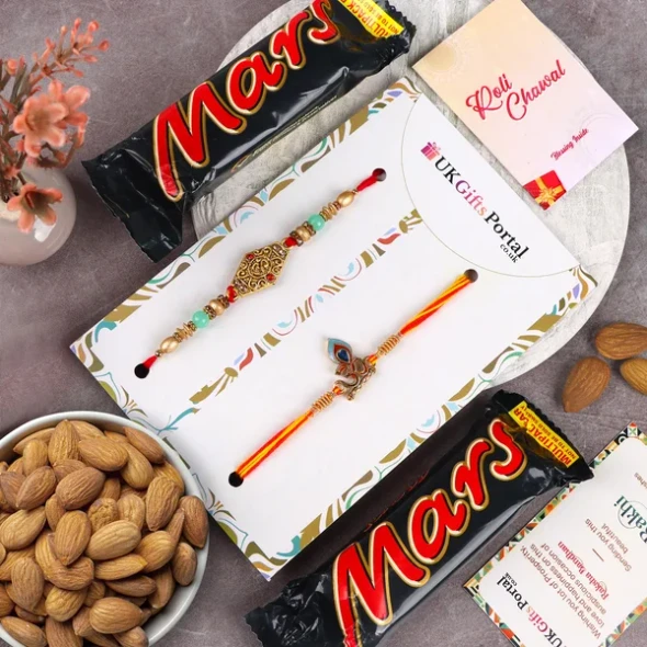 Shiv & Aum Rakhi Set with Almonds & Snickers - For UK