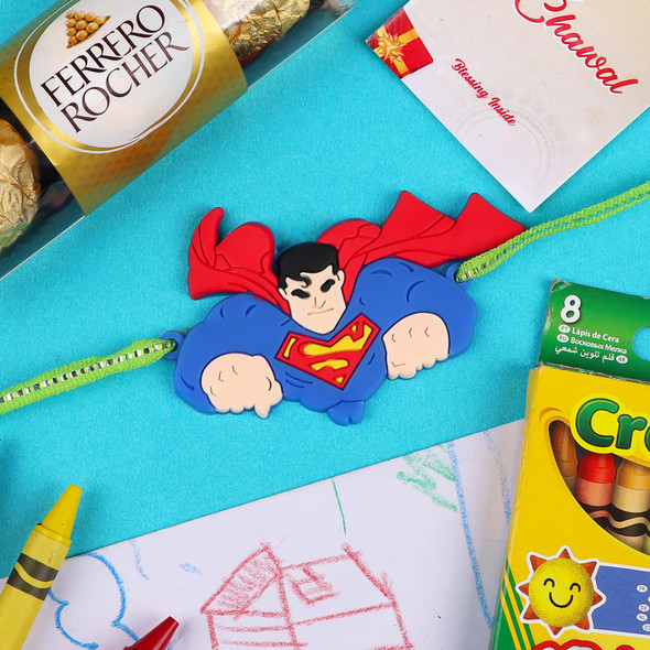 Superman Kids Rakhi with 3 Pcs Ferrero & Crayola 8 Pack - For UK