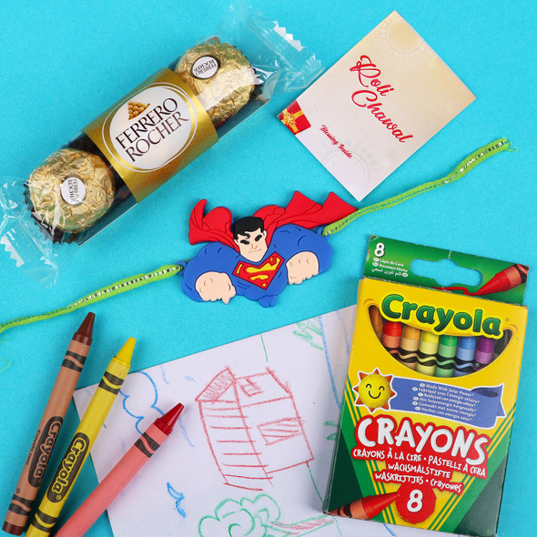 Superman Kids Rakhi with 3 Pcs Ferrero & Crayola 8 Pack - For UK