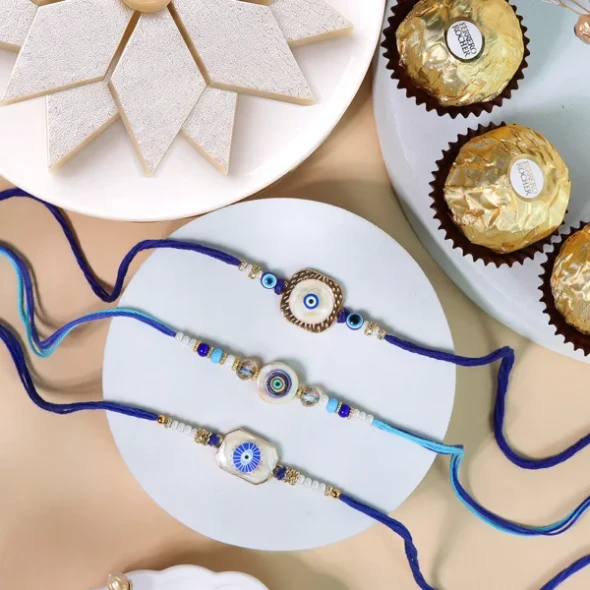 Evil Eye Rakhi Set with Kaju Katli & Ferrero Rocher - For UK