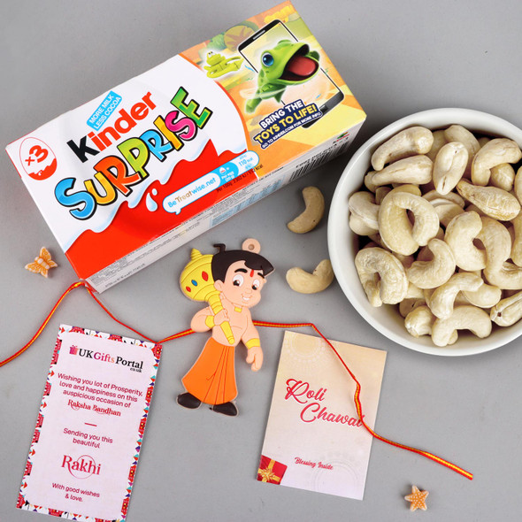 Chota Bheem Kids Rakhi & 3 Pcs Kinder Joy Eggs - Cashew - For UK  - For UK