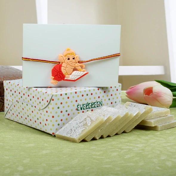 Ganesha Kids Rakhi with Kaju Katli - For UK