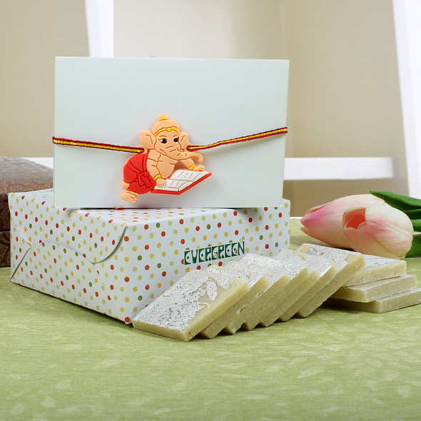 Ganesha Kids Rakhi with Kaju Katli - For UK