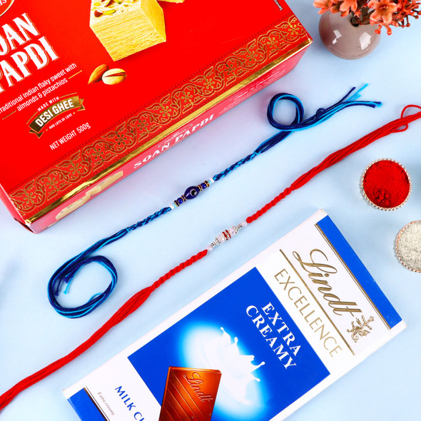 Exquisite Rakhis with Soan Papdi & Lindt Chocolate- For UK