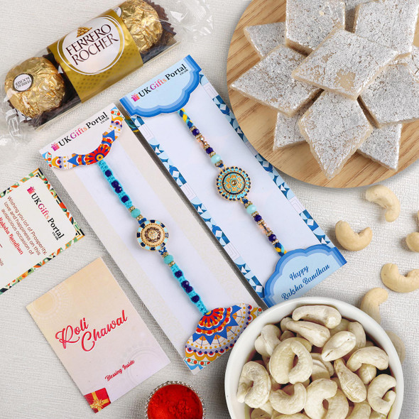 Floral Shape Rakhi Set with Kaju Katli  & Chocolate - For UK