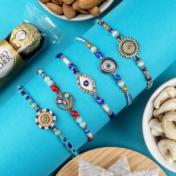 Fascinating Evil Eye 5 Rakhi Set Festival Combo - For UK