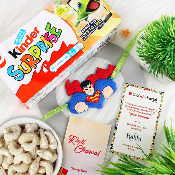 Superman Kids Rakhi with Kinder Joy Eggs 3 Pack & Cashew - For UK