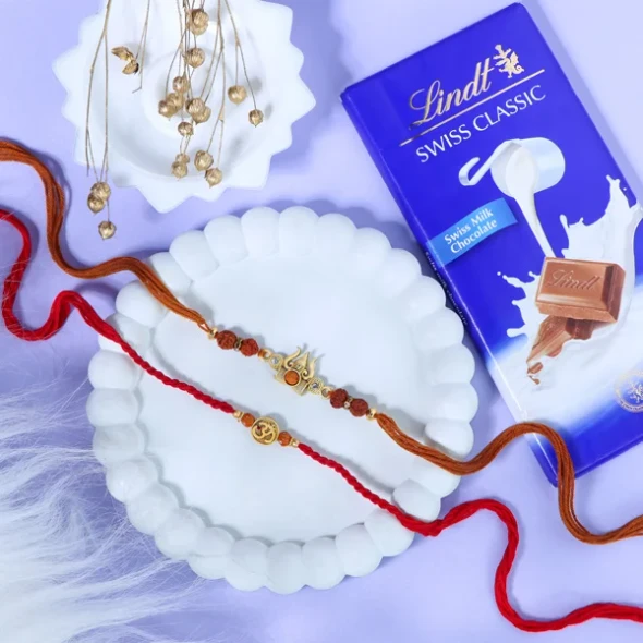Ethnic Aum Trushul Rakhi Set with Lindt Chocolate - For UK