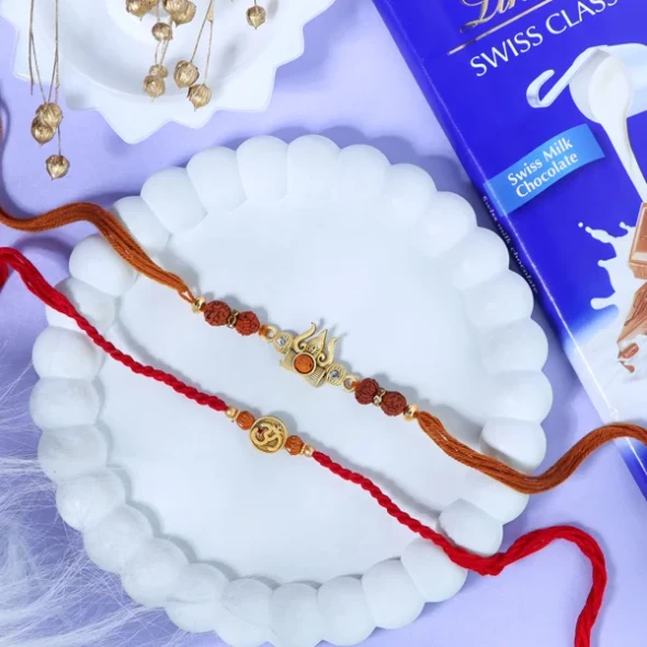 Ethnic Aum Trushul Rakhi Set with Lindt Chocolate - For UK
