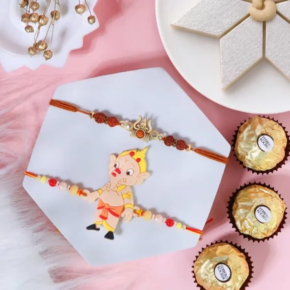 Ganesha Kids & Trishul Rakhi Set Gift Hamper - For UK