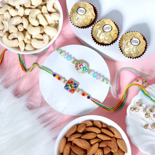 Elegant Rakhi Set with Dry Fruits & Ferrero Rocher - For UK