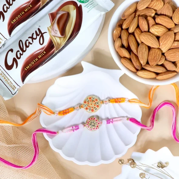 Vibrant Floral Rakhi Set with Almond & Chocolates - For UK