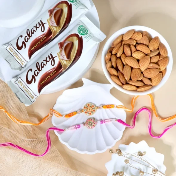 Vibrant Floral Rakhi Set with Almond & Chocolates - For UK