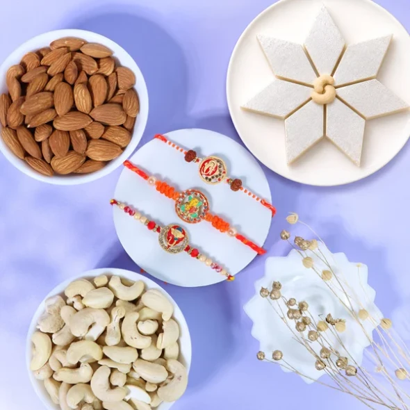 Set of 3 Ganesha Rakhi with Kaju Katli Hamper - For UK