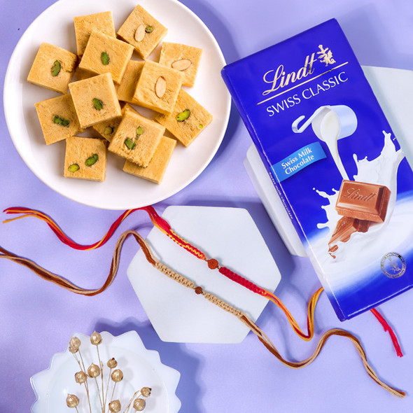 Appealing Rakhi with Soan Papdi & Lindt Chocolate - For Australia
