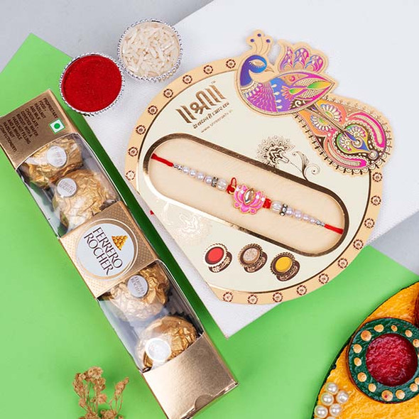 Lotus Rakhi with 4 Pieces Ferrero Rocher - For INDIA