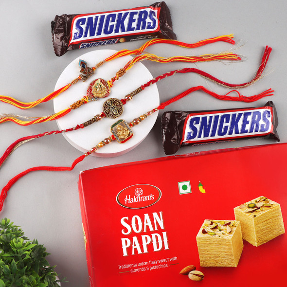 Momentous Set of 4 Rakhi with Soan Papdi & Snicker - For UK
