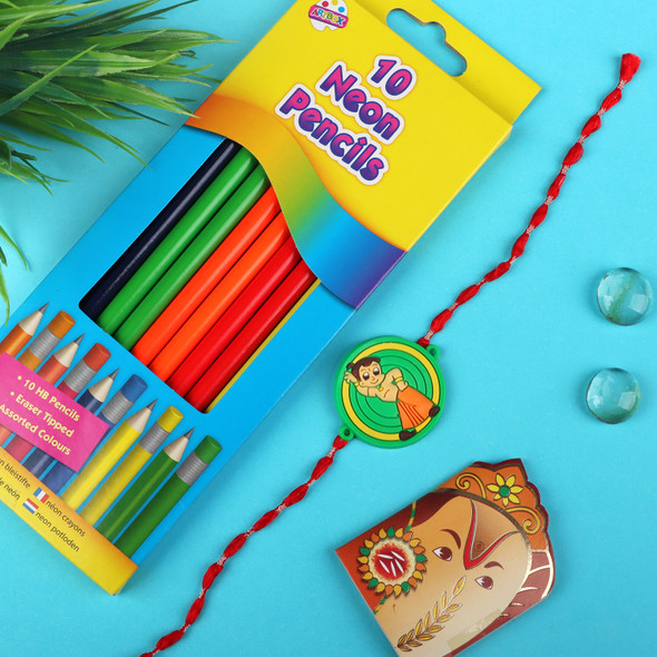 Chota Bheem Kids Rakhi with 10 Colouring Pencil - For Europe