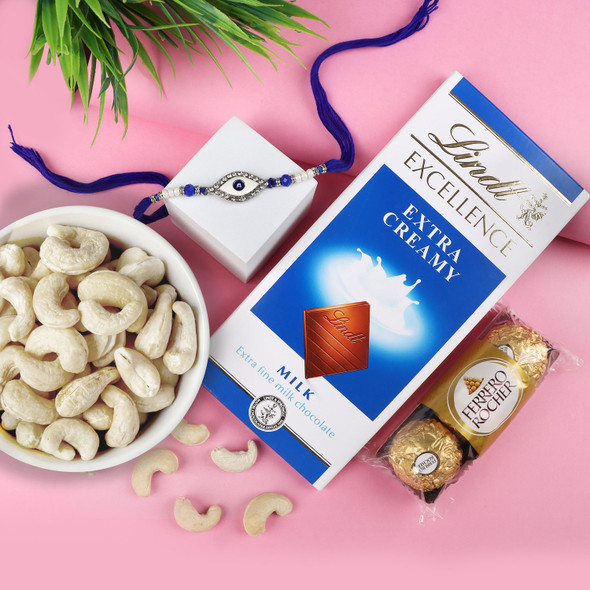 Evil Eye Rakhi Dry Fruit Chocolate Hamper - For Europe