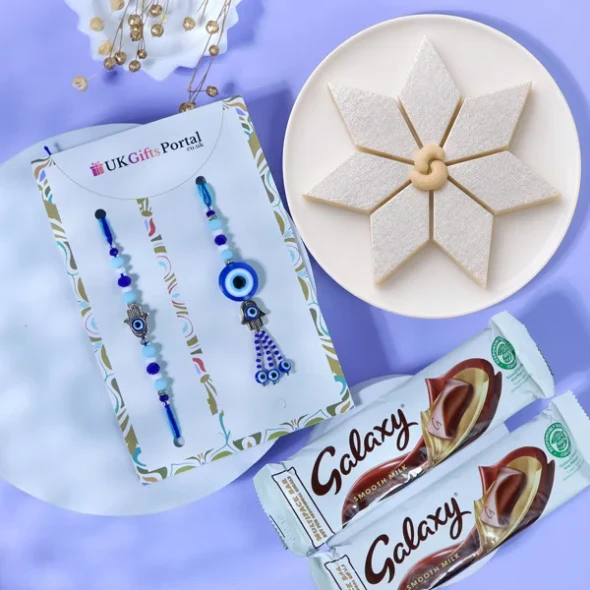 Evil Eye Rakhi n Kaju Katli & Chocolate Bar - For UK