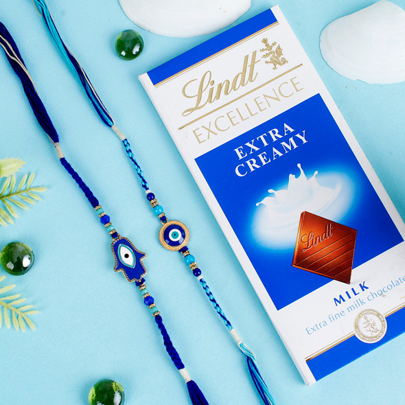 Blue Hamsa Evil eye Rakhi with Lindt Chocolate - For Canada