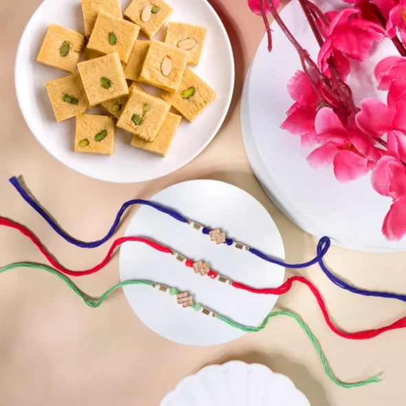 Colourful Rakhi Set with Soan Papdi Sweet - For Canada