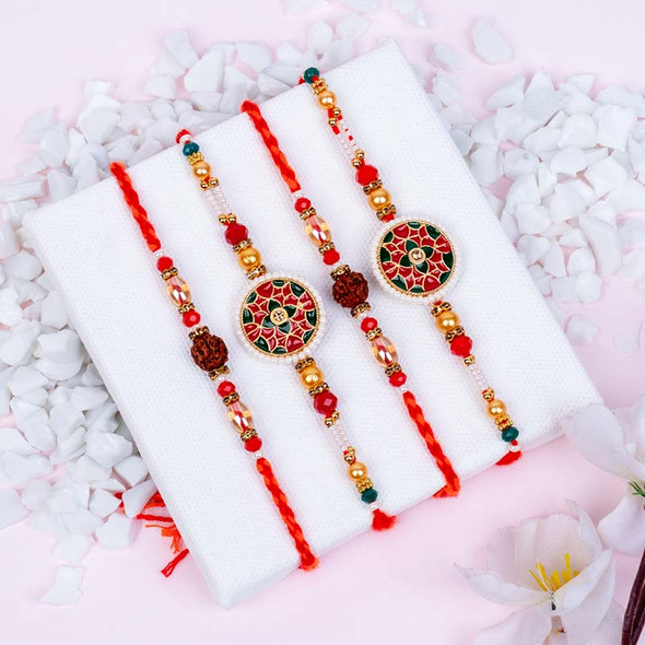 Set of 4 Spiritual Rakhi with Combo of Chocolates - For INDIA