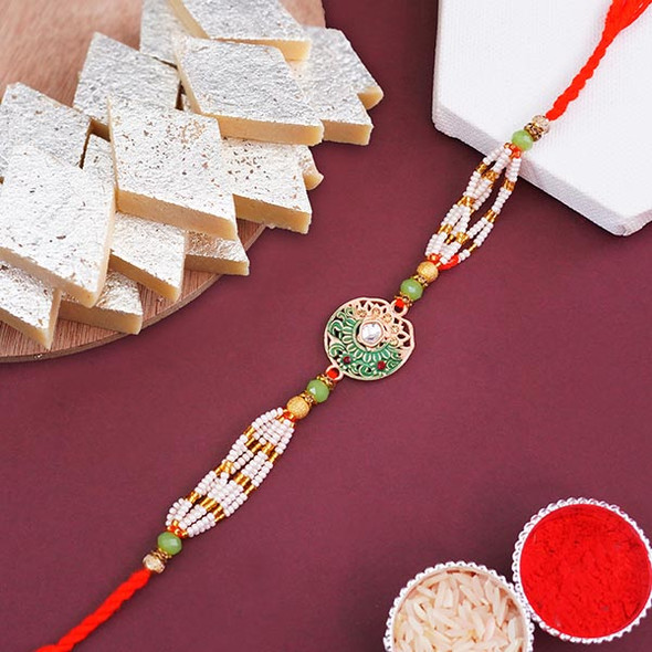 Stylish Pearl Rakhi with Kaju Katli for Brother - For INDIA
