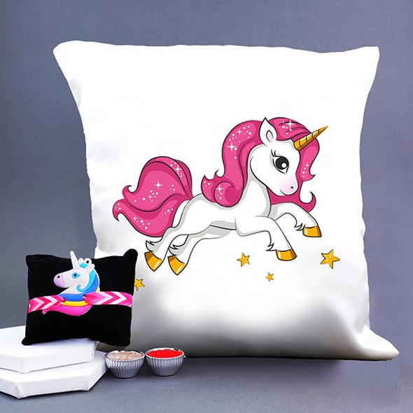 One Unicorn Cushion with Kids Rakhi - For INDIA