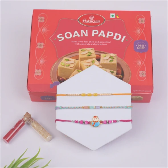 Sweet Celebration Set of 3 Rakhi with Soan Papdi - For INDIA
