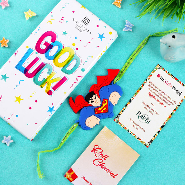Superman Kid's Rakhi & Good Luck Chocolate - For UK