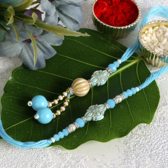 Elegant Sky Blue Bhaiya Bhabhi Rakhi Set - For USA