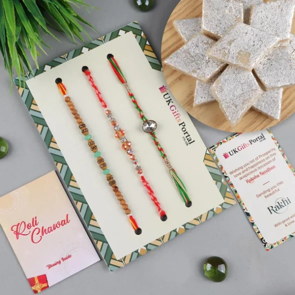 Traditional 3 Rakhi Set with Kaju Katli Sweet - For USA